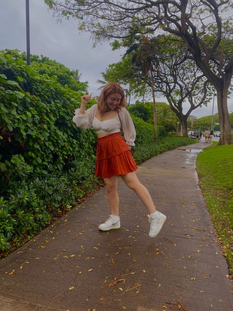 red skirt; white flowy top Red Flowy Skirt Outfit, Summer Flowy Red Skirt, Red Flowy Mini Skirt, Red Vintage Flowy Skirt, Flowy Ruffled Red Mini Skirt, White Flowy Top, Cute Summer Outfit, Flowy Top, Red Skirt