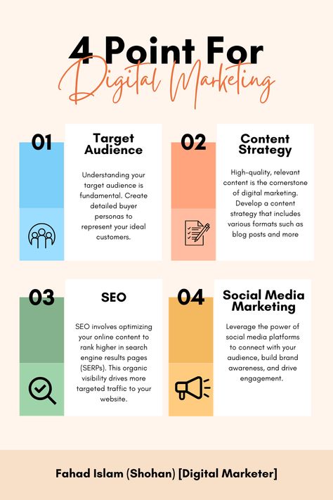 Most 4 point for digital marketing 01Target Audience 02Content Strategy 03seo(search enegine optimaization04social media marketing Content Idea For Digital Marketing, Social Media Marketing Presentation, Digital Marketing Strategy Social Media Tips, Social Media Strategy Presentation, Digital Marketing Content Ideas, Marketing Strategy Presentation, Digital Marketing Strategy Social Media, Digital Marketing Social Media Post, Marketing Degree