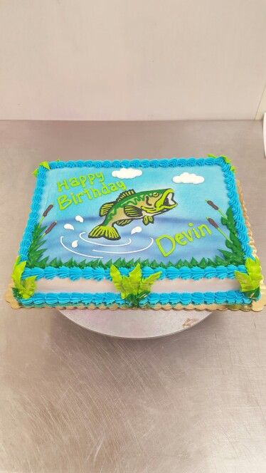 Fishing Themed Sheet Cake, Buttercream Fishing Cake, Bass Birthday Cake, Fishing Sheet Cake, Fish Cake Ideas, Fishing Cakes For Kids, Bass Fishing Cake, Fishing Cakes For Men, Fishing Cake Ideas