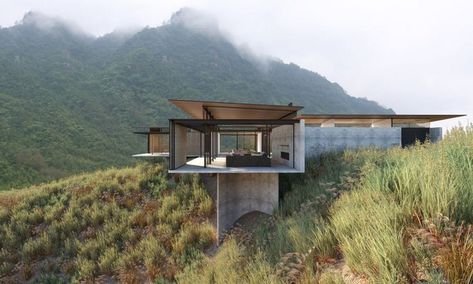 Floating Roof, Material Combination, Architectural Rendering, Residential Architect, Container House Design, Minimalist Architecture, A Hill, House Architecture Design, Residential Architecture