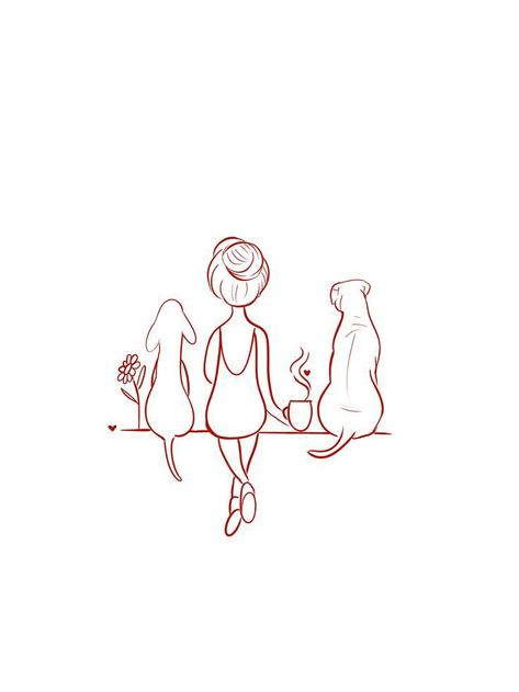 Women And Dog Tattoo, Feminine Dog Tattoo, Pet Tattoo Ideas Dogs, Dog And Human Drawing, Girl And Dog Tattoo, Cat And Dog Tattoo, Cat And Dog Drawing, Tatoo Dog, Dog Line Drawing