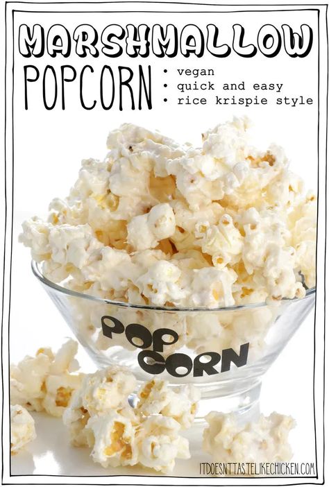 A cross between salty popcorn and rice krispie squares, I bring you vegan Marshmallow Popcorn! Just 5 easy ingredients and 15 minutes to make. The perfect gooey, sweet, crispy, salty treat for movie night! #itdoesnttastelikechicken #movie #popcorn Vegan Popcorn Balls, Vegan Chex Mix, Popcorn Flavoring, Snacks Salty, Soft Frosted Sugar Cookies, Vegan Popcorn, Rice Krispie Squares, Marshmallow Popcorn, Snacks Vegan