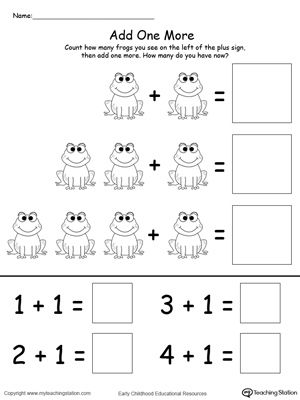 **FREE** Add One More Frog Addition Worksheet. Learning addition by adding one more to the group is an excellent way to introduce this math concept to your child. Use My Teaching Station printable math worksheet to help your child count the number in a group and add one more. Kindergarten Math Addition, Kindergarten Math Worksheets Addition, Kindergarten Math Worksheets Free, Teaching Addition, Kindergarten Addition Worksheets, Addition Kindergarten, Math Addition Worksheets, Worksheets Kindergarten, Preschool Math Worksheets