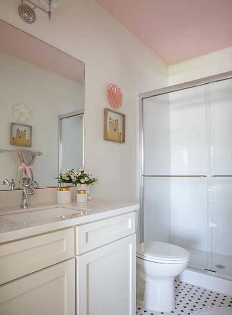 Bathroom With Pink Ceiling, White And Pink Bathroom Ideas, Pink Bathroom Ceiling, Bathroom Ideas Pink And White, Pink Ceiling Bathroom, Colored Ceiling Bathroom, Pink Wall Bathroom, Baby Pink Bathroom, Pink And White Bathroom Decor