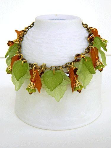 Peach Jewelry, Hand Beaded Jewelry, Horn Pendant Necklace, Lucite Jewelry, Green Bracelet, Arm Jewelry, Beaded Cuff Bracelet, Swarovski Crystal Bracelet, Leaf Bracelet