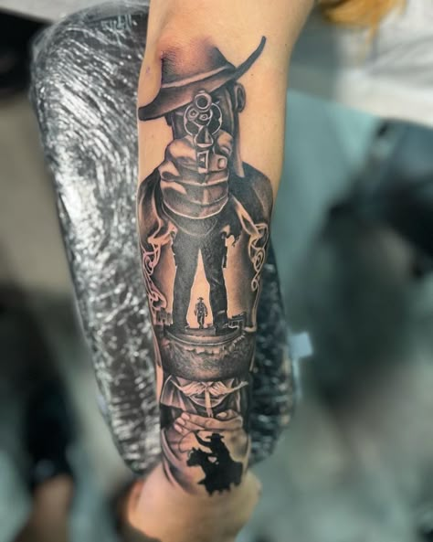 Story Sleeve Tattoo, Wanted Tattoo Design, Western Arm Tattoo Men, Cowboy Style Tattoo, Mens Western Sleeve Tattoo Ideas, Cowboy Sleeve Tattoo For Men, Western Mens Tattoos, Western Tattoos For Men Sleeve, Old West Tattoo Ideas