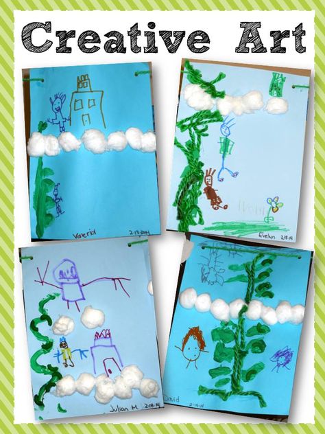 Building comprehension through art.  Jack and the Beanstalk. Eyfs Jack And The Beanstalk, Fairy Tales Preschool Activities, Fairy Tale Stem, Fairy Tales Kindergarten, Fairy Tales Preschool, Fairy Tale Activities, Nursery Rhymes Preschool, Fairy Tales Unit, Fairy Tale Crafts