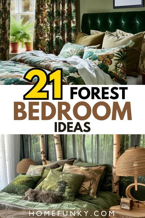 Cozy bedroom Woodsy Bedroom Decor, Forest Themed Bedroom Ideas, Woodland Bedroom Adult, Folklore Room, Forest Inspired Bedroom, Forest Bedroom Ideas, Forest Bedroom Decor, Woodsy Bedroom, Nature Themed Bedroom