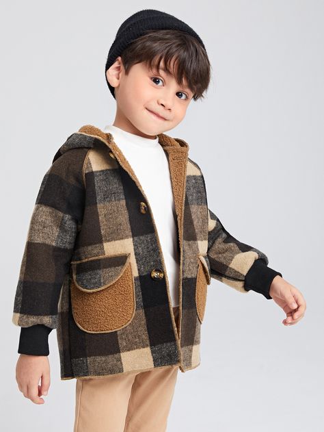 Multicolor Casual  Long Sleeve Wool-Like Fabric Plaid Regular Embellished Non-Stretch Fall/Winter Toddler Boys Clothing Shaket Jacket Outfit, Boys Fall Fashion, Boys Winter Clothes, Kids Winter Outfits, Boys Winter Jackets, Boy Outerwear, Plaid Outfits, Boys Plaid, Boys Wear