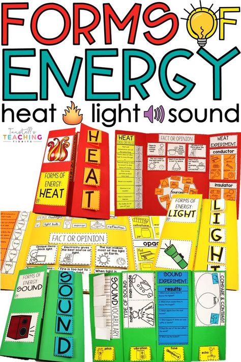 Heat Light Sound Energy Activities, Energy Kindergarten Science, Types Of Energy Poster, Light And Sound Activities, Mechanical Energy Activities For Kids, Energy Transfer Activities, Heat Energy Activities, Light Energy Activities, Energy Science Projects