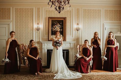 Grosse Pointe War Memorial wedding | Michigan photographer | Bridesmaid goals Vogue Bridal Party, Editorial Bridal Party Photos, Editorial Bridesmaid Photos, Group Editorial, Bridesmaid Portraits, Bridal Party Photos Group Shots, Party Editorial, Grosse Pointe Michigan, Maroon Dresses