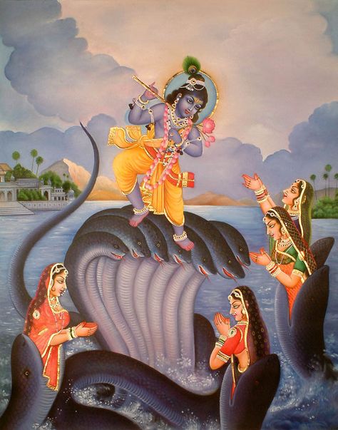 Krishna dances on the hoods of the giant snake, Kaliya while Kaliya's wives beg for mercy शिव पार्वती, Hymns Of Praise, Krishna Drawing, Lord Krishna Wallpapers, Radha Krishna Art, Krishna Painting, Cute Krishna, Krishna Wallpaper, Krishna Pictures