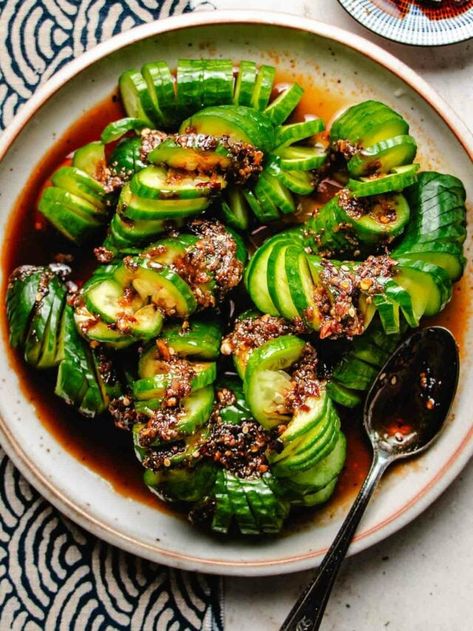 Chinese Salad, Smashed Cucumber Salad, Chinese Chili, Spicy Cucumber Salad, Spicy Cucumber, Garlic Dressing, Homemade Chinese, Asian Cucumber Salad, Cucumber Salad Recipe