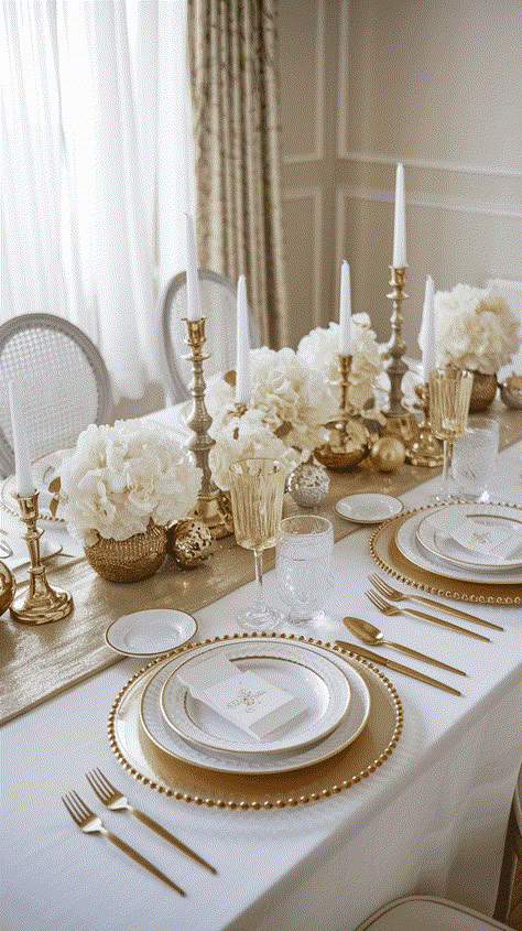 christmas table setting Gold And White Christmas Table Setting, Gold And White Christmas Tablescape, New Year Buffet Table Ideas, White And Gold Christmas Tablescape, Elegant Christmas Table Setting Ideas, New Years Dinner Party Table Settings, Elegant Diy Christmas Decor, Gold Plates Table Setting, Christmas Table Settings Gold