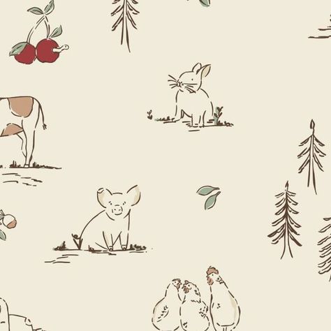 Brenda • Wallpaper + Fabric Design on Instagram: "Down on the Farm is a collection that came about because I had a little cow illustration that I really wanted to find a home for >> 🌾🐄 so happy with how the design came together and excited to come up with additional colourways 🎨 have suggestions for a fresh palette, let me know ⤵️⤵️  Design ID 17510733 @spoonflower  #patterndesign #toile #kidsroom #nursery #wallpaper #fabric #homedecor #farmanimals #spoonflower #peelandstick #removeablewallpaper #interiordesign #commercialwallpaper #autumn" Farm Animal Wallpaper, Farm Pattern, Moveable Wall, Flying Reindeer, Cow Illustration, Wallpaper Fabric, Commercial Wallpaper, Down On The Farm, Nursery Wallpaper