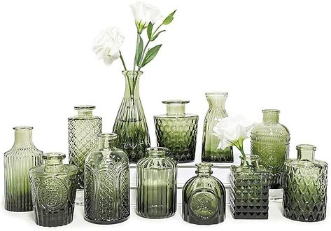 Amazon.com: SUPMIND 12pcs Glass Bud Vase Set, Small Green Flower Vases for Centerpieces in Bulk, Mini Vintage Vase for Wedding, Home,Table Decoration : Home & Kitchen Vasos Vintage, Vases For Centerpieces, Glass Bud Vases, Glass Bud Vase, Green Glass Vase, Elegant Centerpieces, Green Table, Vintage Wedding Decorations, Vintage Vase