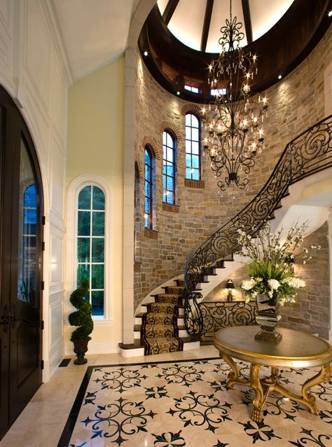 سلالم حلزونية, Traditional Entryway, درج السلم, Casas Coloniales, Spanish Style Homes, Lan Can, Stone Walls, Pool Design, Luxury Homes Dream Houses