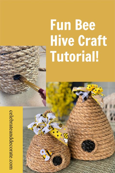 two images making bee hive craft with text overlay fun bee hive craft tutorial Diy Bee Hive, Bee Hives Diy, Bee Hive Craft, Homemade Gingerbread House, Diy Bee, Recycled Toys, Honey Diy, Bee Skep, Bee Hives