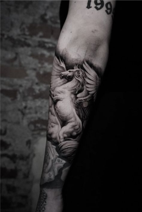 Pegasus Forearm Tattoo, Pegasus Tattoo Men, Kenji Tattoo, Angle Tattoo For Men, Tattoo Door, Angle Tattoo, Pegasus Tattoo, Realistic Tattoo Sleeve, Cross Tattoo For Men