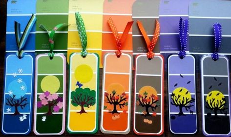 Paint Chip Bookmarks, Paint Samples Crafts, Paint Swatch Art, Food Tree, Paint Chip Cards, Paint Stick Crafts, Paint Chip Crafts, Valentines Bookmarks, Paint Chip Art