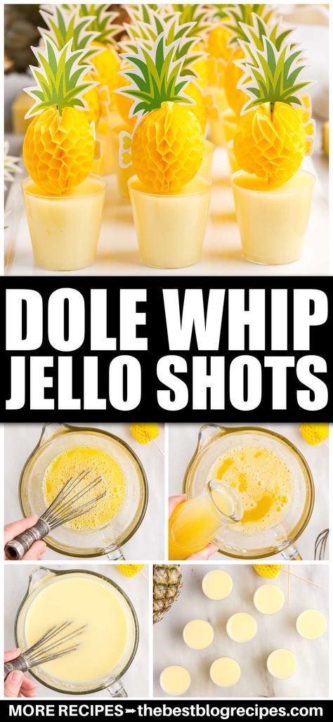 Dole Whip jello shots are sweet, tropical, and creamy. These easy-to-make Jello shots put a boozy spin on the famous Disney treat. Jello Pudding Shots, Pineapple Jello, Pudding Shots, Jello Shot Recipes, Yummy Alcoholic Drinks, Vanilla Vodka, Boozy Drinks, Dole Whip, Mixed Drinks Recipes