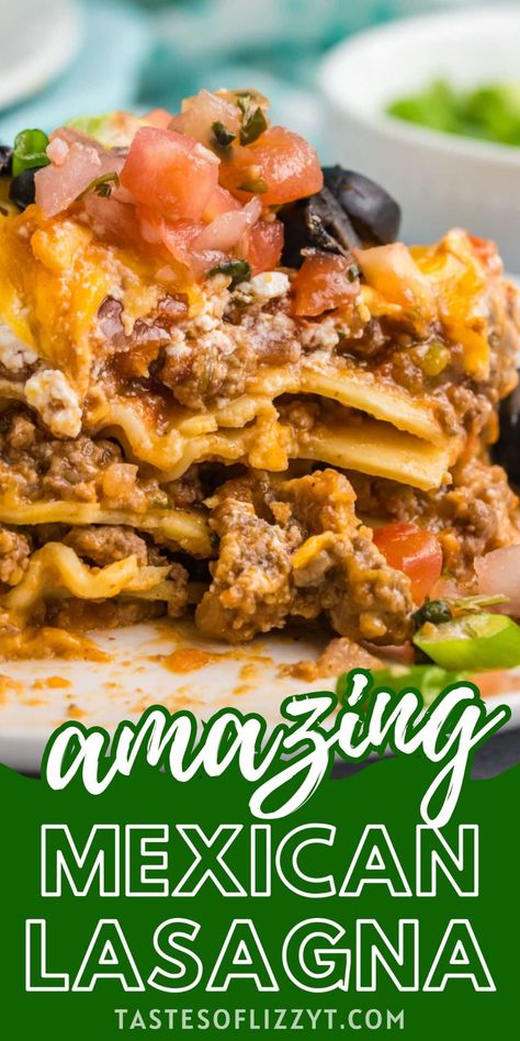 10 layers of deliciousness. This Mexican lasagna recipe is full of pasta, beef, beans and salsa. You'll love this Mexican casserole! Lasagna Recipe Mexican, Texas Lasagna Recipe, Easy Mexican Taco Lasagna, Taco Lasagna Recipe With Noodles, Mexican Taco Lasagna Recipe, Mexican Style Lasagna, Mexican Lasagna Recipe With Noodles, Chili Lasagna Recipe, Mexican Lasagna With Noodles