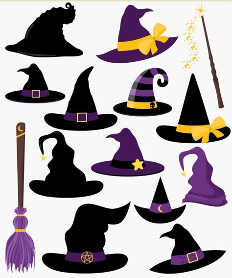 Witch Hat Clipart, Halloween Pop Up Cards, Purple Costume, Moldes Halloween, Doodles Stickers, Hat Clipart, Halloween Labels, Cute Couple Halloween Costumes, Witch Diy