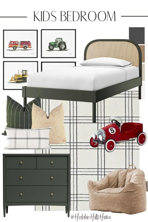 Boys Room Decor Design Board Boys Bedroom Green, Green Boys Room, Decor Mood Board, Boy Room Themes, Construction Bedroom, Boys Bedroom Ideas, Toddler Boy Room Decor, Boy Toddler Bedroom, Cane Bed