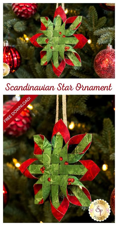 DIY Christmas Scandinavian Star Ornament DIY Tutorials + Video | Fabric Art DIY Fabric Ornaments Free Pattern, Scandanavian Star Ornaments, Fabric Swedish Star, Scandinavian Stars Christmas Ornament, Scandinavian Christmas Star Diy, Scandinavian Star Ornament Diy, No Sew Scandinavian Star Ornament, Fabric Christmas Ornaments To Make, Swedish Christmas Ornaments Diy