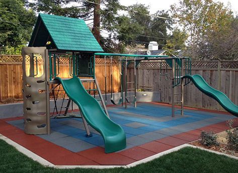 Rubber Tiles Buyer's Guide Outdoor Flooring Options, Backyard Playground Ideas, Indoor Playground Ideas, Playground Ideas Backyard, Rubber Tiles Playground, Outside Play Area, Playground Ideas For Kids, Kid Playground, Play Area For Kids