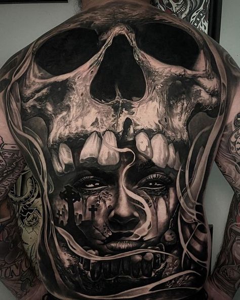 Back Piece Tattoo Men, Good And Evil Tattoos, Arm Tattoos Drawing, 42 Tattoo, Evil Skull Tattoo, Skull Rose Tattoos, Skull Art Tattoo, Gangsta Tattoos, Back Piece Tattoo