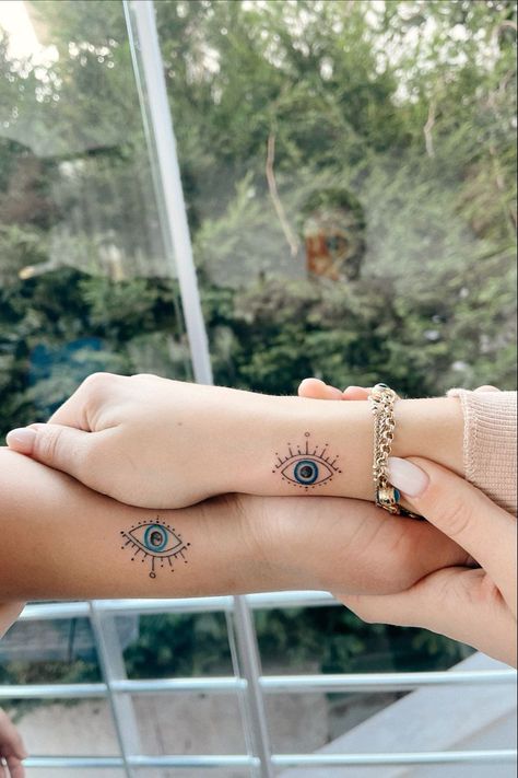 Evil Eye Best Friend Tattoo, Matching Evil Eye Tattoo, Evil Eye Matching Tattoo, Female Forearm Tattoo Ideas Simple, Shamanism Tattoo, Ojo Turco Tattoo, Turkish Eye Tattoo, Evil Eye Tattoo For Women, Quarter Size Tattoos