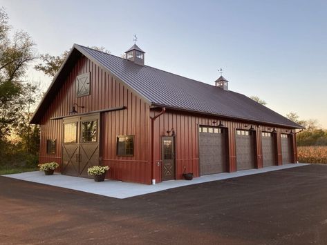 30x40 Shop With Living Quarters, Work Shops Ideas, Red Iron Building Homes, Red Metal Building, Pole Barn Garage Interior, Farm Shop Buildings, Metal Building Colors, Roof Tiles Design, Barn Loft Ideas