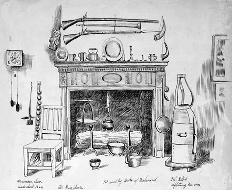 Sketch of “old fireplace” at the Canadian Historical Exhibition Fireplace Tattoo, Fireplace Sketch, Historical Exhibition, Promt List, Tower Interior, Fireplace Cooking, Fireplace Drawing, Canadian Cuisine, Black Squirrel