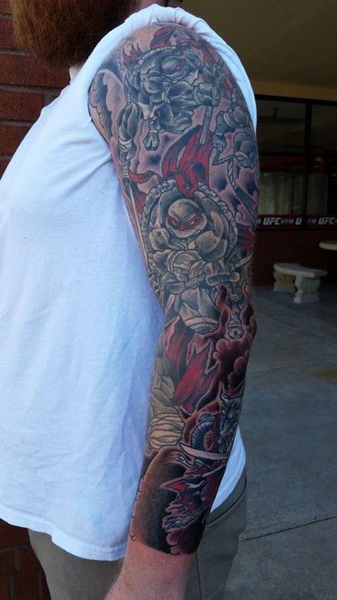 Check out this intricate TMNT sleeve tattoo. Tmnt Tattoo Ideas, Tattoo Ninja, Rob Tattoo, Tmnt Tattoo, Turtles Tattoo, Ninja Turtle Tattoos, Powerful Tattoos, The Ninja Turtles, Turtle Ninja