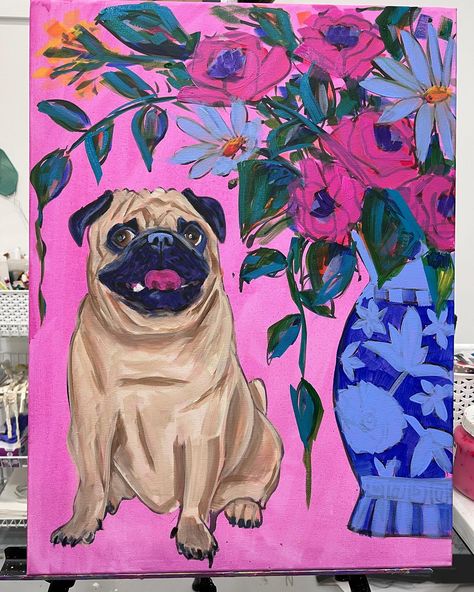 Pug Illustration, Pug Art, Night Painting, Art Workshop, Art Inspiration Painting, Dog Paintings, This Guy, Dog Art, Acrylic On Canvas