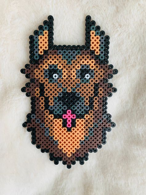 "German Shepherd Perler  Dimensions - 6 1/2\" x 4\"" Hama Beads Patterns Animals, German Shepherd Perler Beads, Border Collie Perler Bead, German Shepherd Crafts, Perler Bead Golden Retriever, Dog Fuse Beads, Boxer Dog Perler Beads, Perler Bead Designs, German Shepherd Gifts