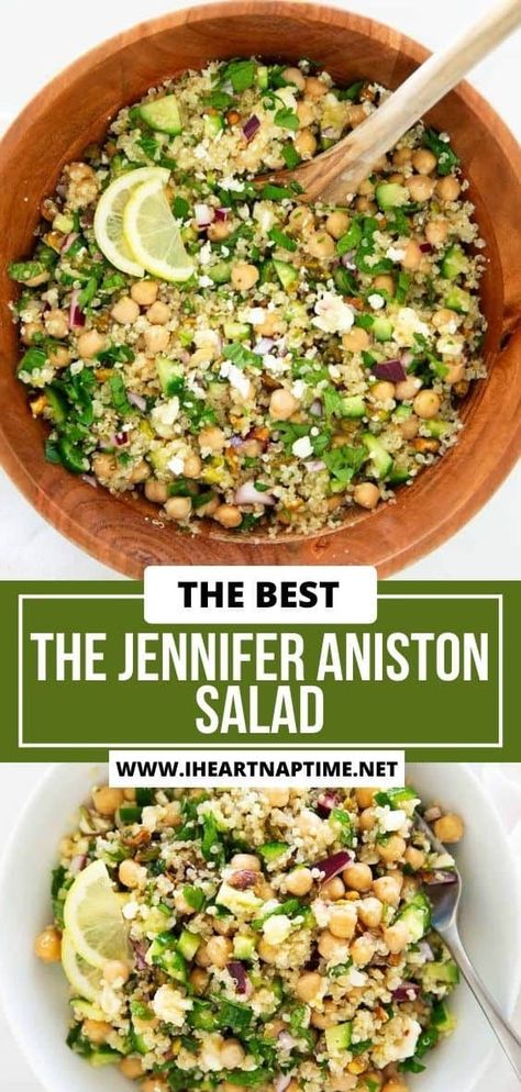 This viral Jennifer Aniston salad is made with quinoa, chickpeas, crunchy veggies and fresh herbs tossed with a lemon vinaigrette then topped with pistachios and feta! Chickpea Salad Quinoa, Jeniffer Aniston Salad, Jenifer Aniston Salad, Crunchy Salad Toppings, Jennifer Aniston Salad Recipe, Savory Potato Salad, Jennifer Aniston Salad, Aniston Salad, Veggie Salad Recipes