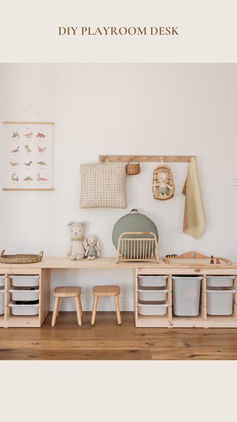 Tiffany Claire | Motherhood. Lifestyle. Home | Making a desk & storage out of Pine & Trofast *Save this for later* What you’ll need: - X2 TROFAST from IKEA - X2 Pine Panel 1800mmx… | Instagram Trofast Organization, Trofast Bedroom, Ikea Playroom Hack, Trofast Kids Room, Ikea Playroom Ideas, Smastad Ikea, Trofast Table, Ikea Trofast Hack, Ikea Box