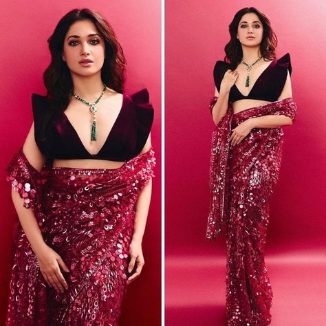 Tamannaah Bhatia’s Milky Cleavage Shines in a Stunning Plunging Neckline and Sequin Saree for Diwali 2024 Sequin Blouse Saree, Bollywood Actress Saree, Saree For Diwali, Diwali Look, Velvet Blouse Design, Diwali 2024, Sequin Saree, Velvet Blouse, Saree Poses