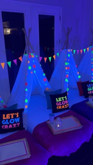 Neon Sleepover Party Ideas, Neon Slumber Party, Neon Slumber Party Ideas, Neon Sleepover Party, Neon Sleepover, Teen Sleepover, Birthday Sleepover, Neon Birthday Party, Glow Birthday Party