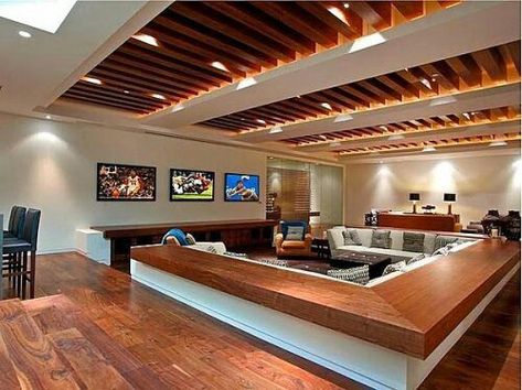 Basement - love the sunken seating area Apartment Concept, Sunken Seating, Male Living Space, Log Ideas, Interior Simple, Ultimate Man Cave, Man Cave Basement, Sunken Living Room, Relaxing Space