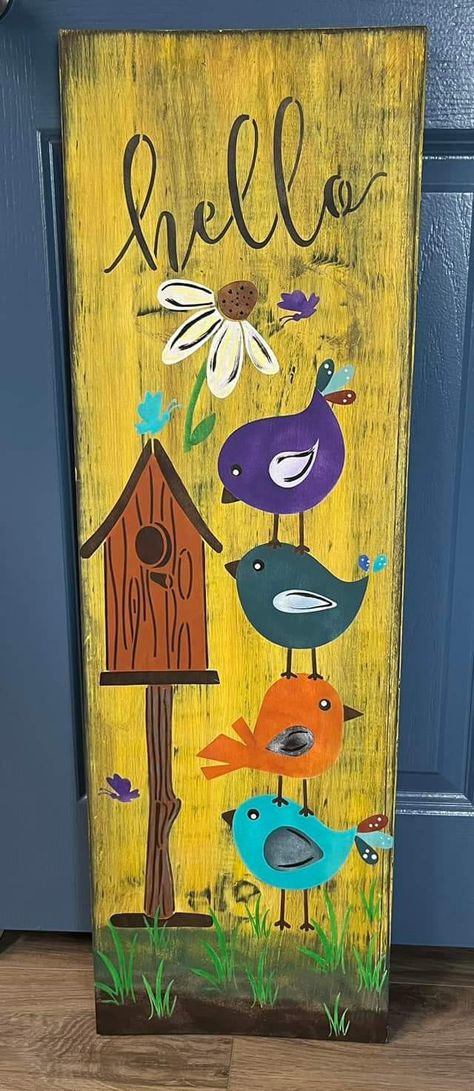 Sign Boards Ideas, Plank Art Wooden, Long Wood Board Painting Ideas, Summer Porch Boards, Welcome Boards For Porch, Spring Welcome Boards, Wood Painting Ideas Diy Wooden Signs Pallet Art, Summer Pallet Ideas, Outdoor Signs Wooden Diy Front Porch