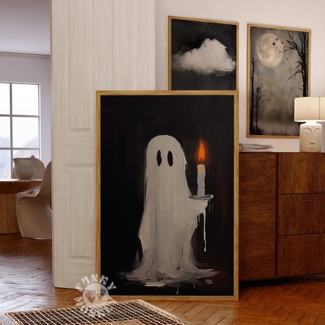 DIGITAL DOWNLOAD: Cute Halloween Ghost Art Print, Ghost Painting, Halloween Decor, Ghost Holding a Candle Printable Wall Art, Digital Print, Downloadable Art NO PHYSICAL PRINT will be shipped to your address You'll receive 2 PDFs: 1 - PDF with a link to the files located in Dropbox 2 - Instructions It's important to read the INSTRUCTIONS PDF to ensure you download the files correctly. Please note...You will need to download and save the files to a computer....not a phone. You will then be able t Family Halloween Painting Ideas, Halloween Texture Art, Art With A Black Background, Black And White Halloween Decor Living Room, Mystic Halloween Decor, Diy Halloween Art Canvas, Funny Halloween Painting, Ghost Wall Art, Halloween Decoration Inspiration