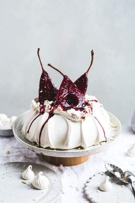 Hibiscus Poached Pear Pavlova | Harris Farm Markets | Harris Farm Markets Pear Pavlova, Pavlova Recipe, Poached Pears, Christmas Food Desserts, Köstliche Desserts, Perfect Desserts, Pavlova, Let Them Eat Cake, Christmas Desserts