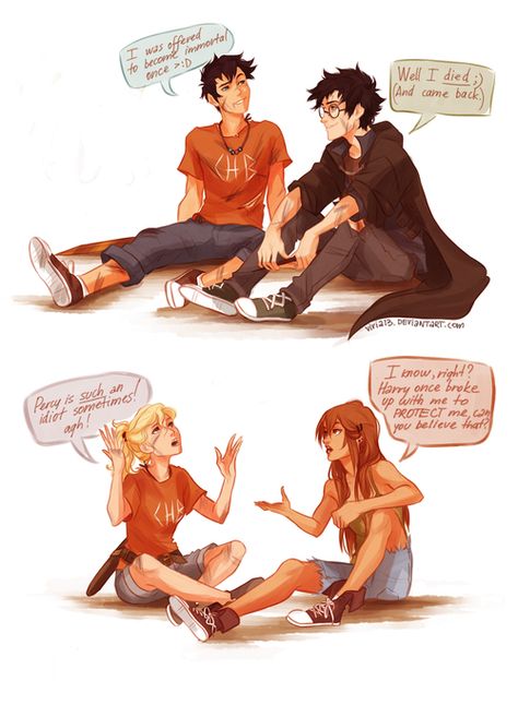 Harry potter percy jackson crossover!! Percy Jackson Film, Percy Jackson Crossover, Percy Jackson Fanart, Art Harry Potter, Glume Harry Potter, Zio Rick, Harry And Ginny, Frank Zhang, Piper Mclean