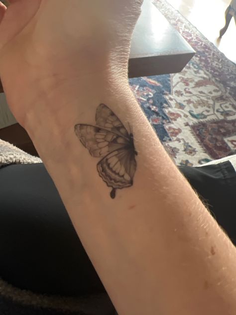 Intricate fine line butterfly side view tattoo Sitting Butterfly Tattoo, Side Of Butterfly Tattoo, Butterfly Profile Tattoo, Butterfly Tattoo Side View, Side Profile Butterfly Tattoo, Butterfly Side View, Sideways Butterfly Tattoo, Butterfly Tattoo Side, Butterfly Side Tattoo