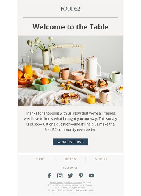 An awesome Leave a review email example from Food52. View 100+ more email templates and examples and get inspiration for your next email design with MailCharts! #EmailDesign #EmailMarketing #EmailInspiration #LeaveAReviewEmail Email Examples, Campaign Planning, Visual Marketing, Food Articles, Email Design, Product Review, Email Templates, Food 52, Email Marketing