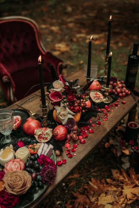 Gothic Fall Wedding Decorations, Moody Romantic Fall Wedding, Goth Tablescape, Dark Botanical Wedding, Moody Maximalist Wedding, Pomegranate Wedding Decor, October Wedding Table Decor, Velvet Wedding Decor, Fairytale Decorations