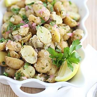 Greek No Mayo Potato Salad | Created by Diane Mini Gold Potatoes, Lemon Potato Salad, No Mayo Potato Salad, Mayo Potato Salad, Greek Style Potatoes, Greek Lemon Potatoes, Greek Chicken Salad, Classic Potato Salad, Greek Potatoes